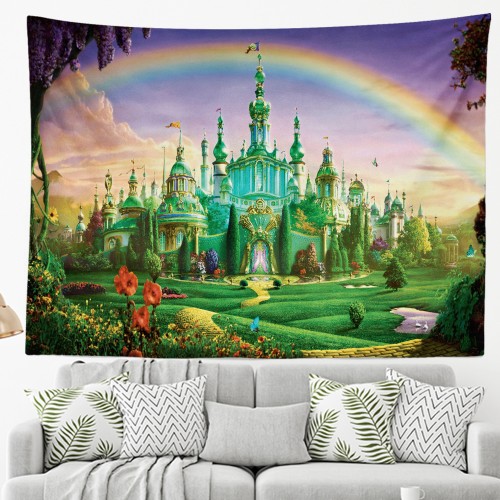 Ulticool - Kasteel Paleis Regenboog Sprookje - Wandkleed - 200x150 cm - Groot wandtapijt - Poster - Groen 