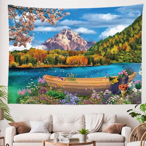 Ulticool - Landschap Bomen Meer Bergen Boot Bloemen  - Wandkleed - 200x150 cm - Groot wandtapijt - Poster - Groen Blauw Wit