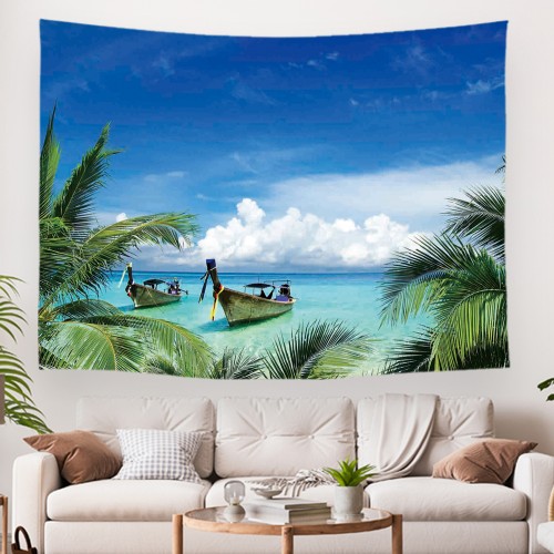 Ulticool - Strand Zee Boot Palmboom Natuur - Wandkleed - 200x150 cm - Groot wandtapijt - Poster