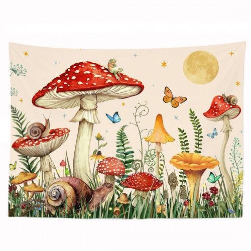 Ulticool - Paddestoel Vlinder Slak Kinderkamer - Wandkleed - 200x150 cm - Groot wandtapijt - Poster - Beige Rood Geel Groen