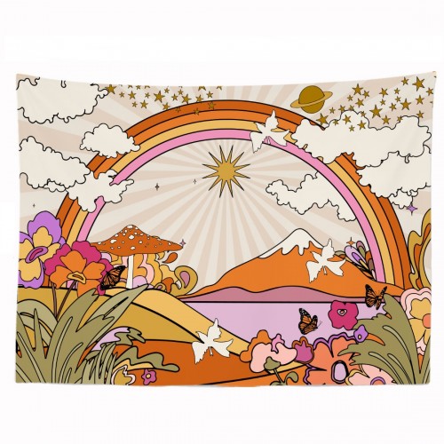 Ulticool - Regenboog Retro Vintage Zon Natuur Berg Heelal - Wandkleed - 200x150 cm - Groot wandtapijt - Poster - Beige Oranje Lila Paars