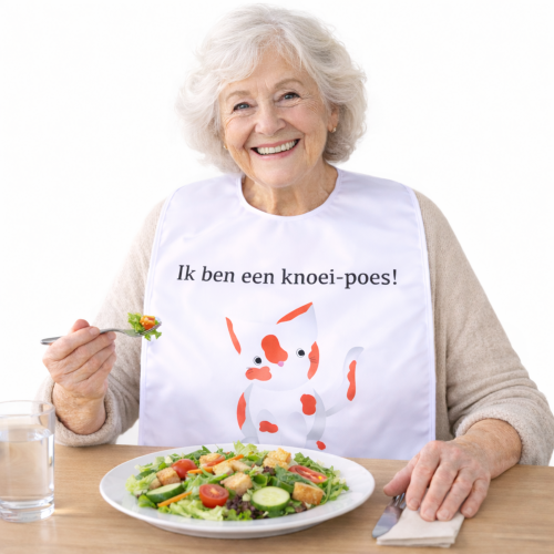 Slabber volwassenen 46x80 cm – Tekst Poes - Waterdichte beschermslab – Senioren slab – Grote bavet – Fleece onderlaag – TPU tussenlaag