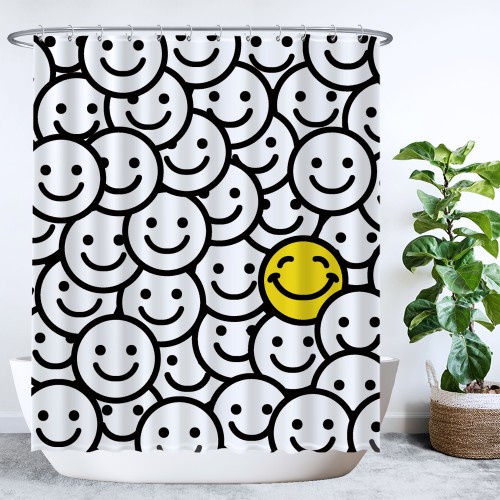 Ulticool Douchegordijn - Smiley Geel Zwart Wit - 180 x 200 cm - met 12 ringen 