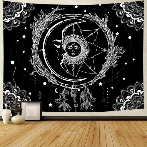 Ulticool - Zon Maan Mandala Zwart Wit Tarot - Wandkleed - 200x150 cm - Groot wandtapijt - Poster