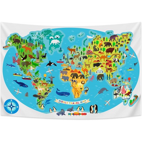 Ulticool - Wereldkaart Kinderkamer Dieren Natuur - Wandkleed - 200x150 cm - Groot wandtapijt - Poster