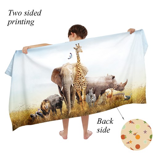 Ulticool - Handdoek - Safari Big Five Dieren Kinderen - Badhanddoek - Strandhanddoek Zwemhanddoek - Sneldrogend Badlaken - 140 x 70 cm - voor reizen fitness gym sport - Jongen Meisje - Beige