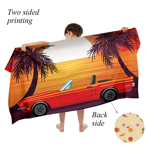 Ulticool - Handdoek - Auto Zonsondergang Zee Palmboom - Badhanddoek - Strandlaken - Sneldrogend Badlaken - 140 x 70 cm - voor reizen fitness gym sport - Kind - Meisje - Jongen - Rood