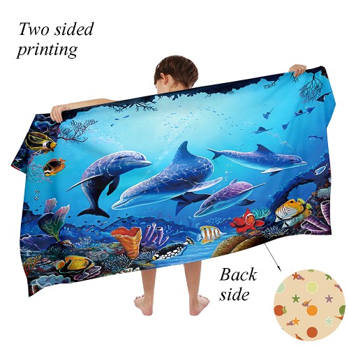 Ulticool - Handdoek - Dolfijnen Aquarium Onderwater - Badhanddoek - Strandlaken - Sneldrogend Badlaken - 140 x 70 cm - voor reizen fitness gym sport - Kind - Meisje - Jongen - Blauw