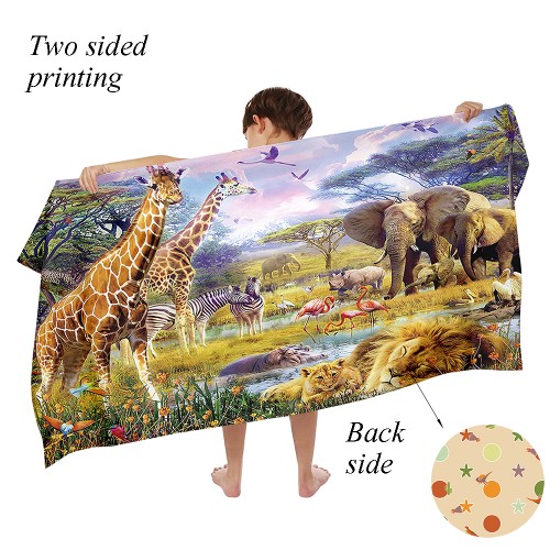 Ulticool - Handdoek - Safari Dieren Natuur Giraffe Olifant - Badhanddoek - Strandhanddoek Zwemhanddoek - Sneldrogend Badlaken - 140 x 70 cm - Jongen Meisje - Beige Kaki