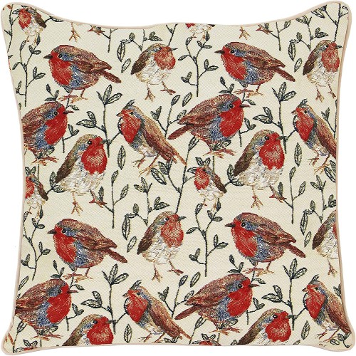 Ulticool - Roodborstje Vogel Tak Groen - Jacquard Gobelin stof - Exclusief Kussenvulling - Sierkussen 45x45 cm - Sierkussenhoes Accessoires - Kussentjes Bank voor Decoratie Woonkamer Slaapkamer – Wit Rood Bruin