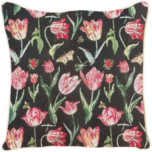 Ulticool - Tulpen Zwart Vlinder Bloemen - Jacquard Gobelin stof - Exclusief Kussenvulling - Sierkussen 45x45 cm - Sierkussenhoes Accessoires - Kussentjes Bank voor Decoratie Woonkamer Slaapkamer – Rood Groen