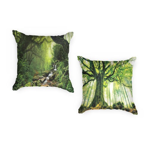 Ulticool - Buitenkussens - Natuur Bomen Waterval - Sierkussens Buiten Waterbestendig - Set van 2 Kussens 45 x 45 cm Vierkant - Exclusief Kussenvulling - Tuinkussenhoes Outdoor Hoes – Buiten Tuinkussens voor Decoratie Loungeset Tuin - Groen