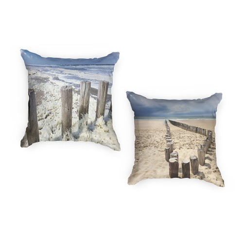 Ulticool - Buitenkussens - Strand Kust Nederland - Sierkussens Buiten Waterbestendig - Set van 2 Kussens 45 x 45 cm Vierkant - Exclusief Kussenvulling - Tuinkussenhoes Outdoor Hoes – Buiten Tuinkussens voor Decoratie Loungeset Tuin - Blauw Wit