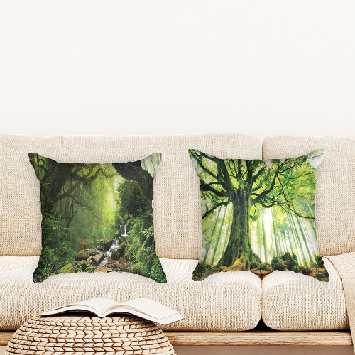 Ulticool - Kussenhoes - Natuur Bomen Waterval - Set van 2 stuks - Sierkussens 45x45 cm - Sierkussenhoes Accessoires - Kussentjes Bank voor Decoratie Woonkamer Slaapkamer Jeugdkamer Kinderkamer Babykamer - Groen