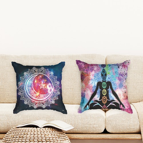 Ulticool  - Kussenhoes - Chakra Healing Aura Spiritualiteit Mandala - Set van 2 stuks - Sierkussens 45x45 cm - Sierkussenhoes Accessoires - Kussentjes Bank voor Decoratie Woonkamer Slaapkamer Jeugdkamer Kinderkamer Babykamer - Wit Paars Blauw