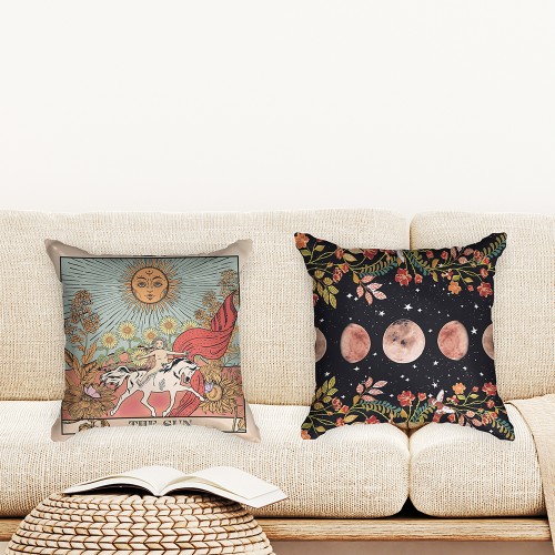 Ulticool  - Kussenhoes - Zon Natuur Bloemen Tarot Horoscoop Vintage Retro - Set van 2 stuks - Sierkussens 45x45 cm - Sierkussenhoes Accessoires - Kussentjes Bank voor Decoratie Woonkamer Slaapkamer Jeugdkamer Kinderkamer Babykamer - Veelkleurig