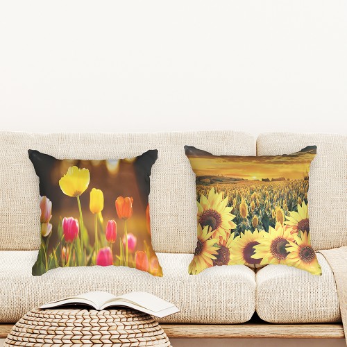 Ulticool  - Kussenhoes - Tulpen Bloemen Natuur Zonnebloem Zon Zomer - Set van 2 stuks - Sierkussens 45x45 cm - Sierkussenhoes Accessoires - Kussentjes Bank voor Decoratie Woonkamer Slaapkamer Jeugdkamer Kinderkamer Babykamer - Geel Roze Oranje