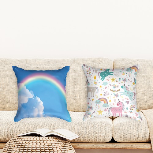 Ulticool  - Kussenhoes - Regenboog Kinderkamer Decoratie Unicorn Eenhoorn - Set van 2 stuks - Sierkussens 45x45 cm - Sierkussenhoes Accessoires - Kussentjes Bank voor Decoratie Woonkamer Slaapkamer Jeugdkamer Kinderkamer Babykamer - Wit Roze Blauw