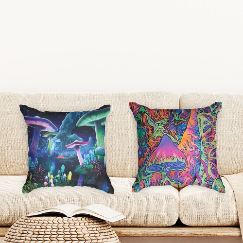 Ulticool  - Kussenhoes - Paddenstoel Mushroom Psychedelisch Trippie Paddo Cannabis Wiet - Set van 2 stuks - Sierkussens 45x45 cm - Sierkussenhoes Accessoires - Kussentjes Bank voor Decoratie Woonkamer Slaapkamer - Neon Blauw Zwart