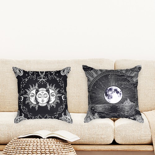 Ulticool - Kussenhoes - Zon Maan Zodiac Tarot Natuur Bohemian - Set van 2 stuks - Sierkussens 45x45 cm - Sierkussenhoes Accessoires - Kussentjes Bank voor Decoratie Woonkamer Slaapkamer Jeugdkamer Kinderkamer Babykamer - Zwart Wit