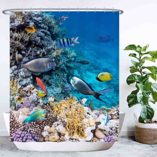 Ulticool Douchegordijn - Koraal Zee Duiken Aquarium Natuur Planten - 180 x 200 cm - met 12 ringen - Blauw Oranje 