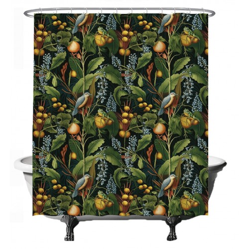 Ulticool Douchegordijn - Blauwe Druif Vogel Kikker - 180 x 200 cm - met 12 ringen - Groen Blauw Geel 