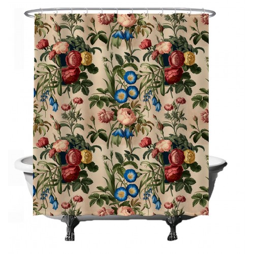 Ulticool Douchegordijn - Klassiek Boeket Bloemen Rozen Beige Wit - 180 x 200 cm - met 12 ringen 