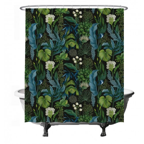Ulticool Douchegordijn -  Grote Bladeren Witte Bloemen - Groen Blauw - 180 x 200 cm - met 12 ringen