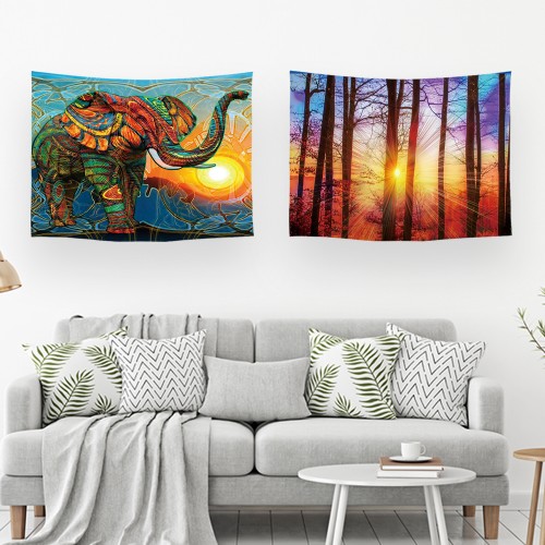 Ulticool – Wandkleed - Olifant Zon Boho Bohemian Zonsondergang – Set van 2 designs - 73 x 95 cm – Wandtapijt Stof – Oranje Paars Blauw Geel 