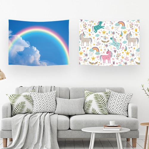 Ulticool – Wandkleed - Regenboog Kinderkamer Decoratie Unicorn Eenhoorn – Set van 2 designs - 73 x 95 cm – Wandtapijt – Poster Art – Wit Roze Blauw