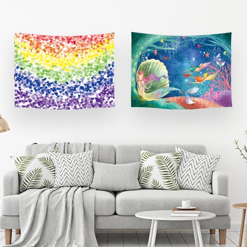 Ulticool – Wandkleed - Regenboog Hartjes Zeemeermin Kinderkamer – Set van 2 designs - 73 x 95 cm – Wandtapijt Stof – Poster Art – Meerkleurig 