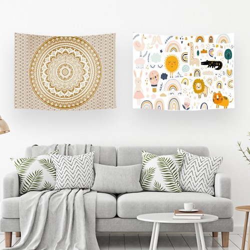 Ulticool – Wandkleed - Regenboog Dieren Kinderkamer Mandala Bohemian Hippie – Set van 2 designs - 73 x 95 cm – Wandtapijt – Poster Art – Beige Goud 