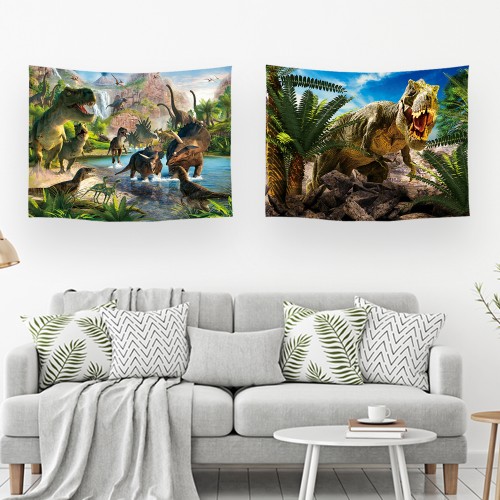 Ulticool – Wandkleed - Dinosaurus Groep T-Rex - Set van 2 designs – 73 cm x 95 cm – Schilderij Wandtapijt Stof – Poster Art – Groen