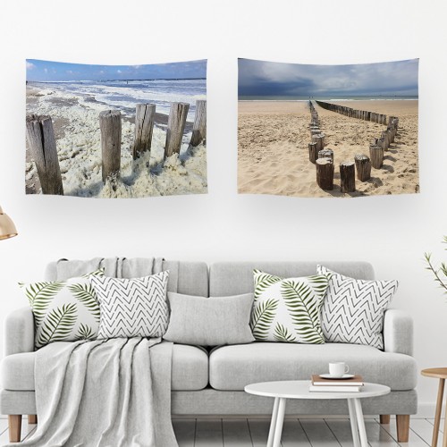 Ulticool – Wandkleed - Strand Kust Nederland - Set van 2 designs – 73 cm x 95 cm – Schilderij Wandtapijt Stof – Poster Art – Blauw Sepia Beige 