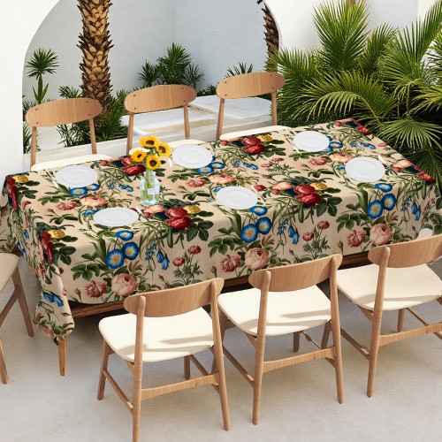 Ulticool Tafelkleed Groot Tafelzeil  Buiten Waterdicht - 140 x 240 cm - Klassiek Boeket Bloemen - Beige Zalm Blauw Rood 