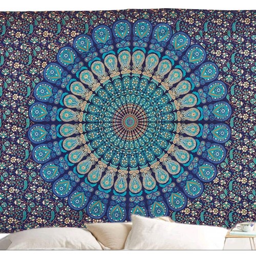 Ulticool - Mandala Kleed - Wandkleed - 200x150 cm - Groot Doek Wandtapijt - Poster - Blauw/Wit