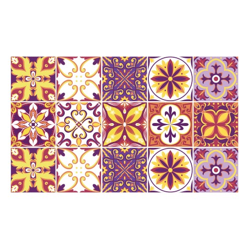Ulticool Decoratie Sticker Tegels - Mandala Geel Oranje Paars Lila - 15x15 cm - 15 stuks Zelfklevende Plakfolie Tegelstickers - Achterwand voor de Muur Badkamer - Keukenwand Keuken - Plaktegels Zelfklevend - Sticktiles