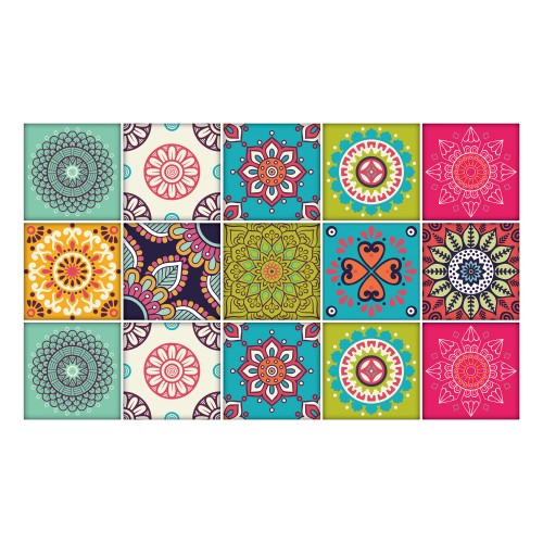 Ulticool Decoratie Sticker Tegels - Mandala Groen Beige Blauw lichtgroen Roze - 15x15 cm - 15 stuks Zelfklevende Plakfolie Tegelstickers - Achterwand voor de Muur Badkamer - Keukenwand Keuken - Plaktegels Zelfklevend - Sticktiles