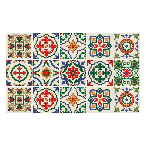 Ulticool Decoratie Sticker Tegels - Mandala Rood Blauw Groen Beige - 15x15 cm - 15 stuks Zelfklevende Plakfolie Tegelstickers - Achterwand voor de Muur Badkamer - Keukenwand Keuken - Plaktegels Zelfklevend - Sticktiles