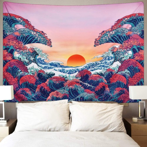 Ulticool - Natuur Golven Zon Zee - Wandkleed - 200x150 cm - Groot wandtapijt - Poster - Roze