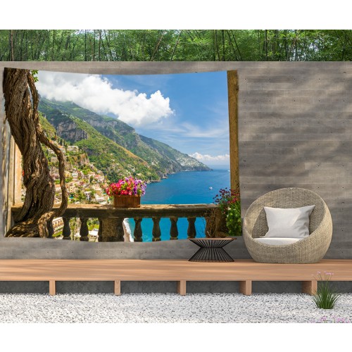 Ulticool - Doorkijk Balkon Bergen Zee Natuur - Wandkleed  Poster - 200x150 cm - Groot wandtapijt -  Tuinposter Tapestry 