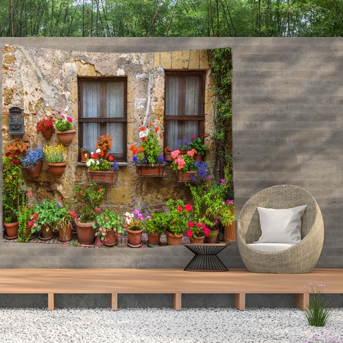 Ulticool - Doorkijk Ramen Planten Bloemen Natuur - Wandkleed  Poster - 200x150 cm - Groot wandtapijt -  Tuinposter Tapestry 