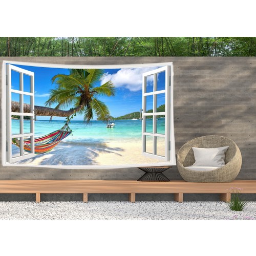 Ulticool - Doorkijk Strand Zee Palmboom Hangmat - Wandkleed  Poster - 200x150 cm - Groot wandtapijt -  Tuinposter Tapestry 