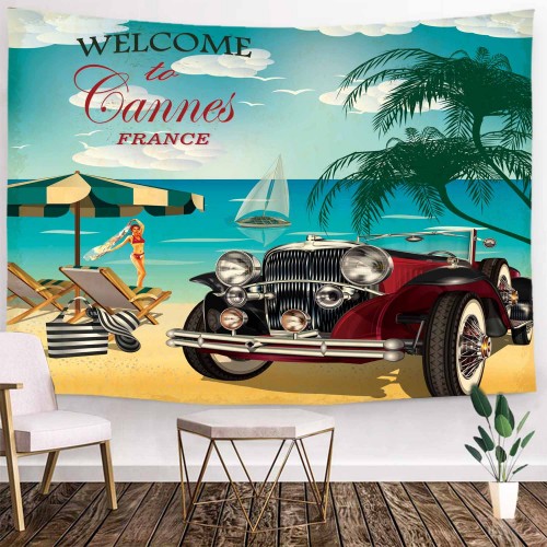 Ulticool - Frankrijk Strand Vintage Retro Roadtrip - Wandkleed - 200x150 cm - Groot wandtapijt - Poster