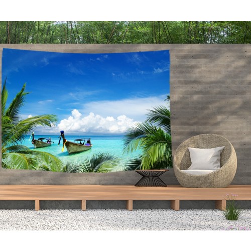 Ulticool - Strand Zee Boot Palmboom Natuur - Wandkleed  Poster - 200x150 cm - Groot wandtapijt -  Tuinposter Tapestry