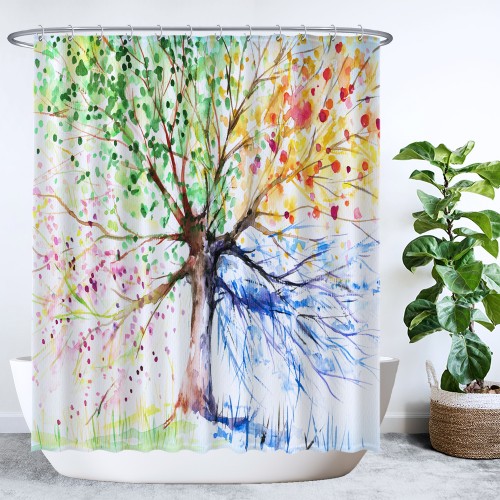 Ulticool Douchegordijn - Boom Tree of Life 4 Seizoenen Aquarel - 180 x 200 cm - met 12 ringen 