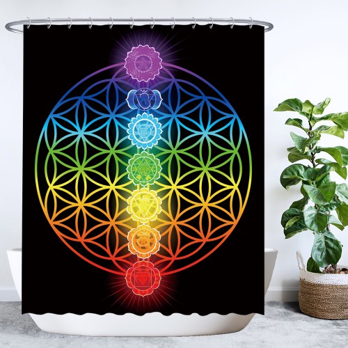 Ulticool Douchegordijn - Chakra Healing Mandala Regenboog Chakra's - 180 x 200 cm - met 12 ringen 