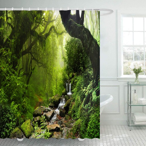 Ulticool Douchegordijn - Regenwoud Natuur Eco Planten Waterval - 180 x 200 cm - met 12 ringen - Groen