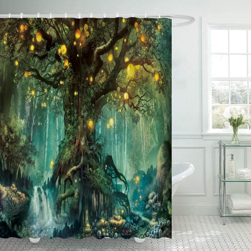 Ulticool Douchegordijn - Sprookje Elf Boom Magisch Bos Natuur - 180 x 200 cm - met 12 ringen - Groen 