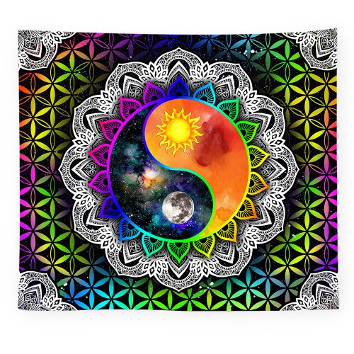 Ulticool - Mandala Zon Maan Yin Yang - Glow in the Dark - Blacklight Party Wandkleed Achtergronddoek - 200x150 cm - Backdrop UV Lamp Reactive - Groot wandtapijt - Poster - Neon Verlichting 